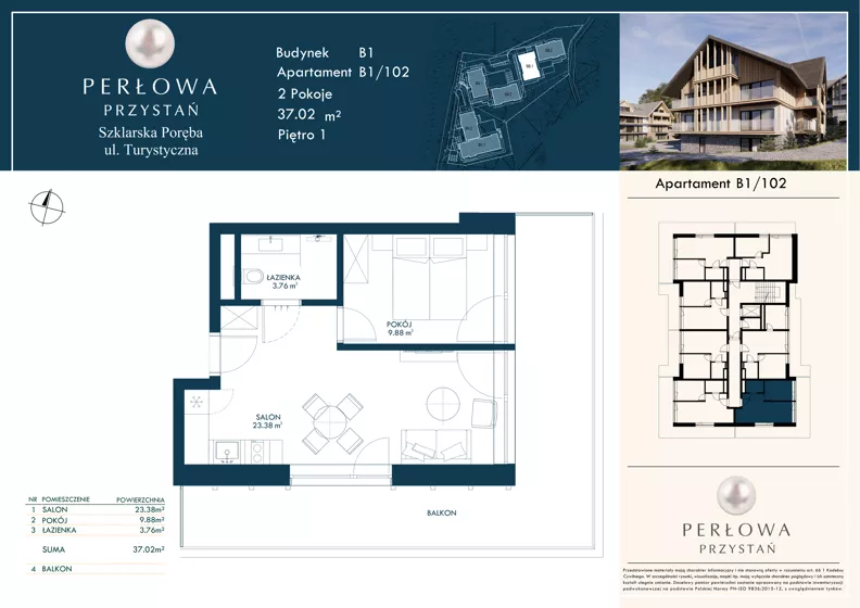 2 pokoje, lokal inwestycyjny 37,02 m², piętro 1, oferta nr B1/102, Perłowa Przystań Szklarska Poręba, Szklarska Poręba, ul. Turystyczna 26a