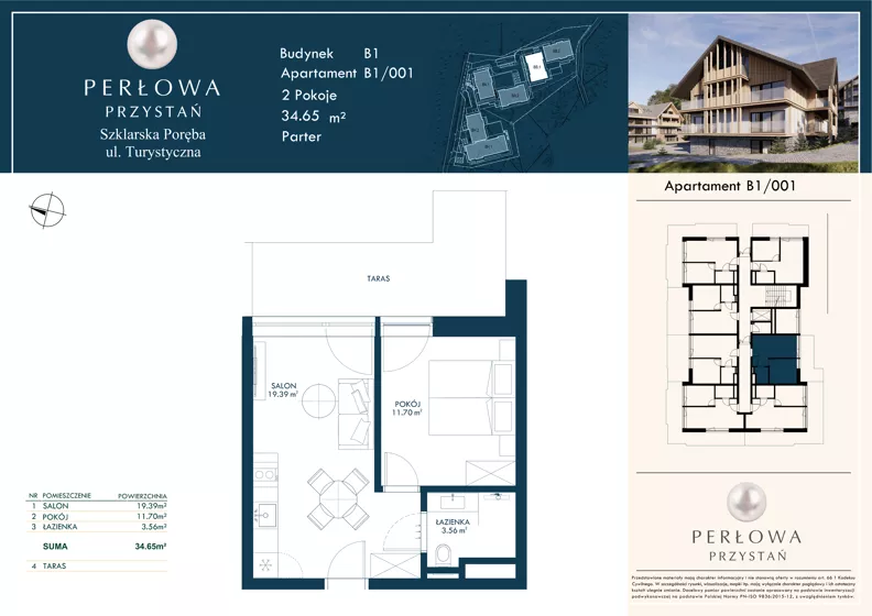 2 pokoje, lokal inwestycyjny 34,65 m², parter, oferta nr B1/001, Perłowa Przystań Szklarska Poręba, Szklarska Poręba, ul. Turystyczna 26a