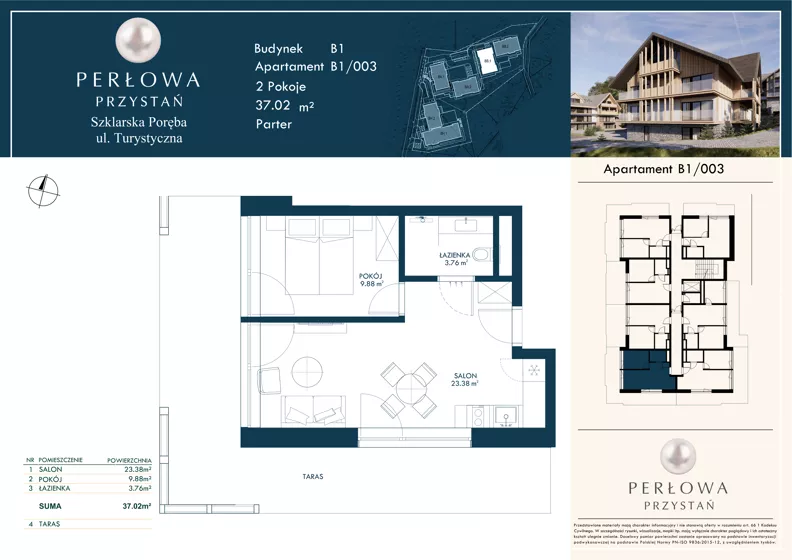 2 pokoje, lokal inwestycyjny 37,02 m², parter, oferta nr B1/003, Perłowa Przystań Szklarska Poręba, Szklarska Poręba, ul. Turystyczna 26a