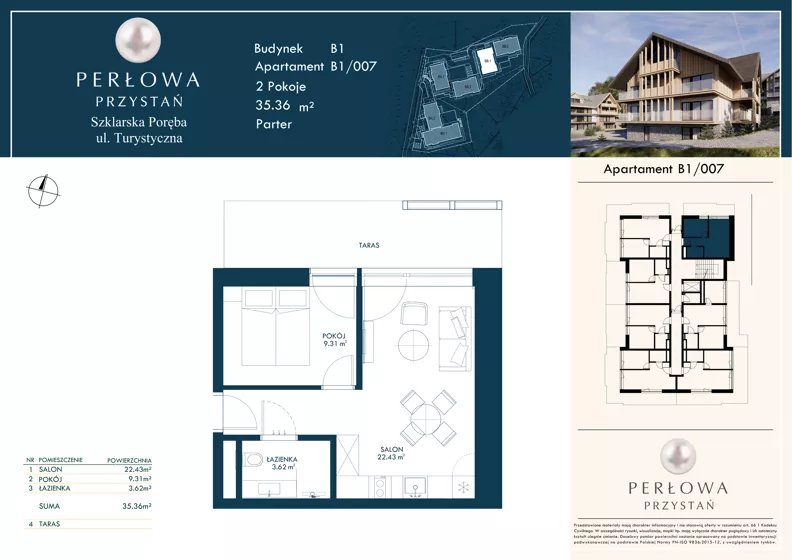 2 pokoje, lokal inwestycyjny 35,36 m², parter, oferta nr B1/007, Perłowa Przystań Szklarska Poręba, Szklarska Poręba, ul. Turystyczna 26a