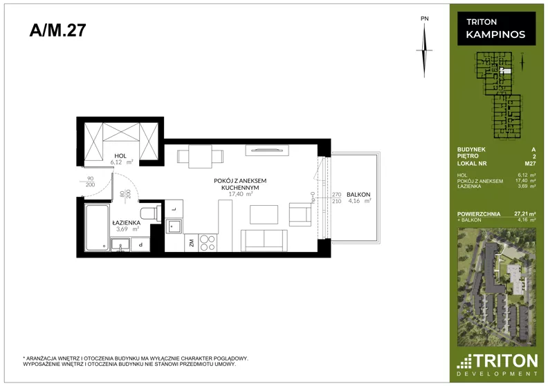 1 pokój, mieszkanie 27,21 m², piętro 2, oferta nr A_M27, Triton Kampinos III, Łomna-Las, ul. Wiśniowa 5