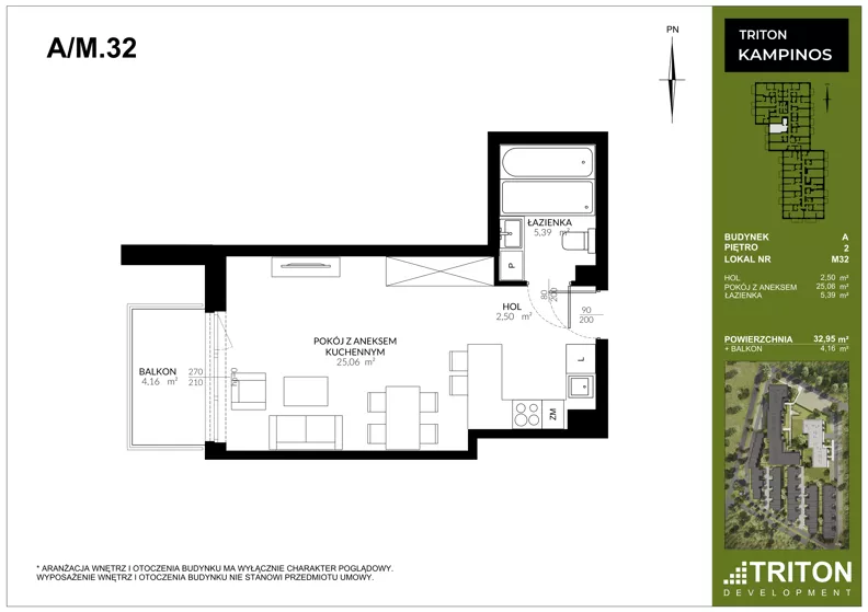 1 pokój, mieszkanie 32,95 m², piętro 2, oferta nr A_M32, Triton Kampinos III, Łomna-Las, ul. Wiśniowa 5