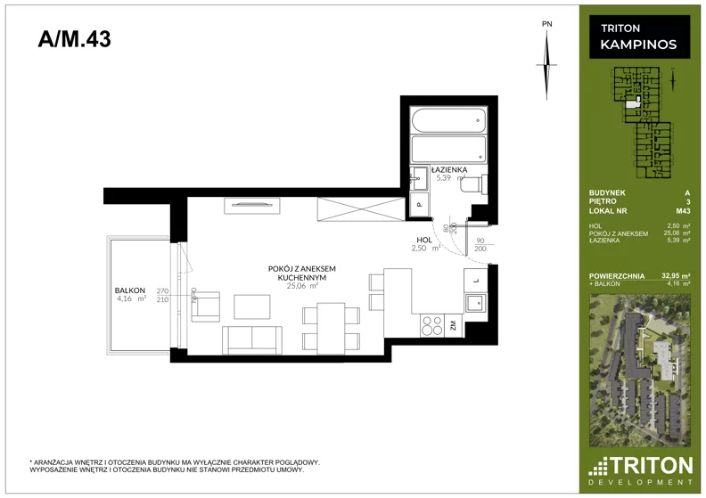 1 pokój, mieszkanie 32,95 m², piętro 3, oferta nr A_M43, Triton Kampinos III, Łomna-Las, ul. Wiśniowa 5