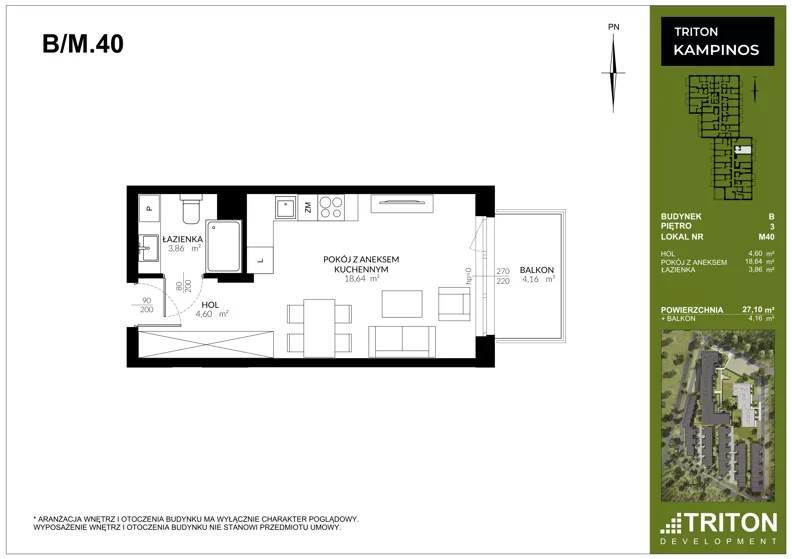 1 pokój, mieszkanie 27,10 m², piętro 3, oferta nr B_M40, Triton Kampinos III, Łomna-Las, ul. Wiśniowa 5