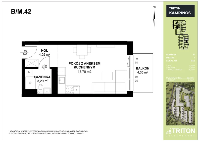 1 pokój, mieszkanie 26,01 m², piętro 3, oferta nr B_M42, Triton Kampinos III, Łomna-Las, ul. Wiśniowa 5