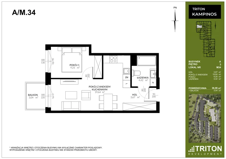 2 pokoje, mieszkanie 36,98 m², piętro 3, oferta nr A_M34, Triton Kampinos III, Łomna-Las, ul. Wiśniowa 5