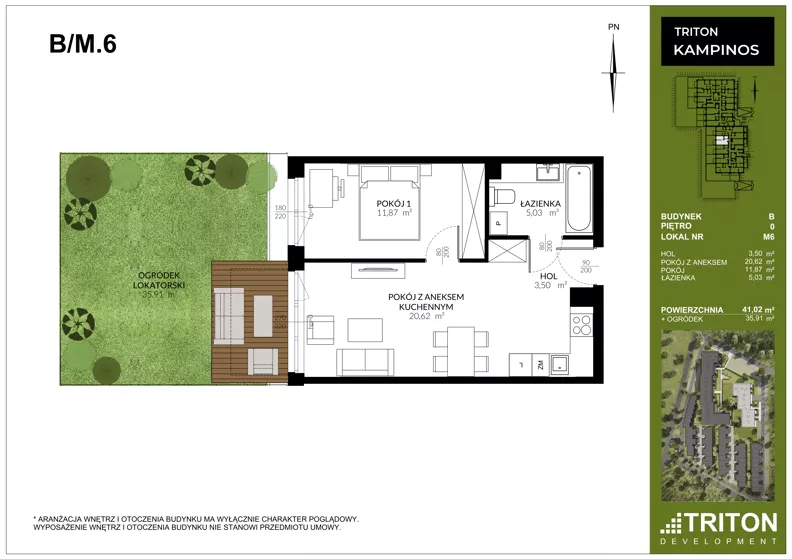 2 pokoje, mieszkanie 41,02 m², parter, oferta nr B_M6, Triton Kampinos III, Łomna-Las, ul. Wiśniowa 5