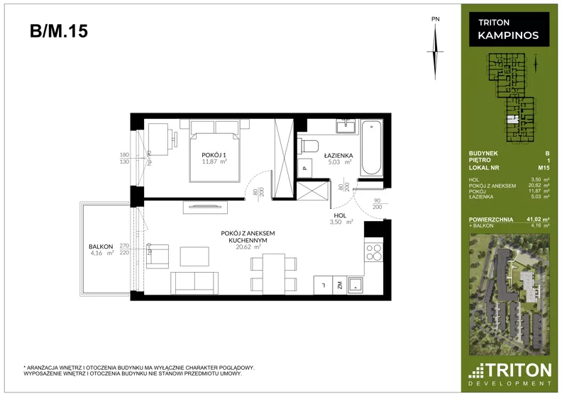 2 pokoje, mieszkanie 41,02 m², piętro 1, oferta nr B_M15, Triton Kampinos III, Łomna-Las, ul. Wiśniowa 5