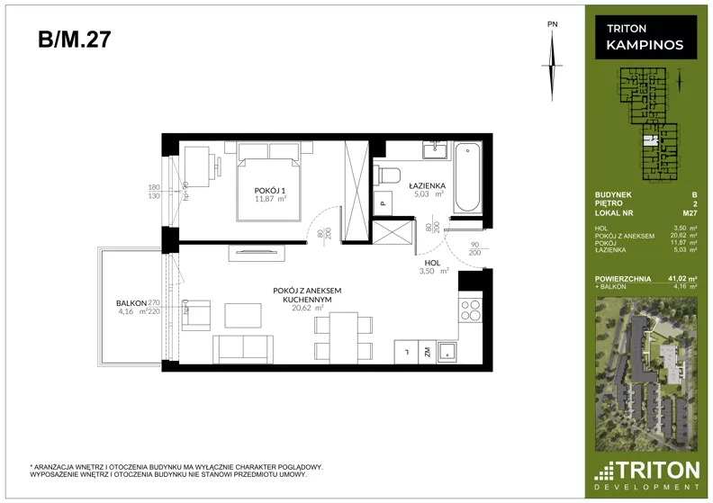 2 pokoje, mieszkanie 41,02 m², piętro 2, oferta nr B_M27, Triton Kampinos III, Łomna-Las, ul. Wiśniowa 5
