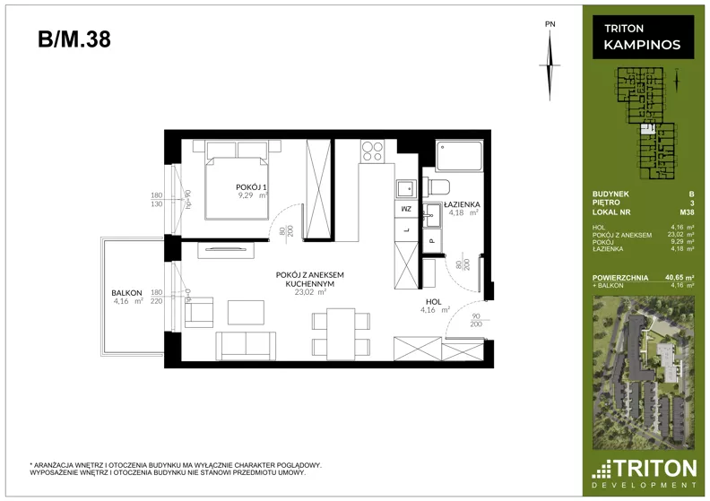 2 pokoje, mieszkanie 40,65 m², piętro 3, oferta nr B_M38, Triton Kampinos III, Łomna-Las, ul. Wiśniowa 5