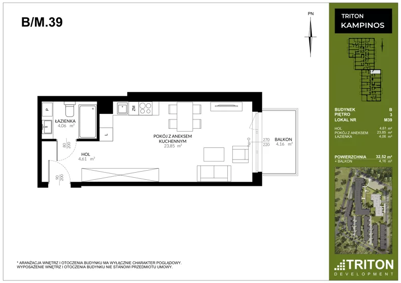 2 pokoje, mieszkanie 32,52 m², piętro 3, oferta nr B_M39, Triton Kampinos III, Łomna-Las, ul. Wiśniowa 5