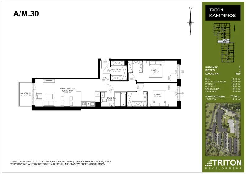 3 pokoje, mieszkanie 75,34 m², piętro 2, oferta nr A_M30, Triton Kampinos III, Łomna-Las, ul. Wiśniowa 5