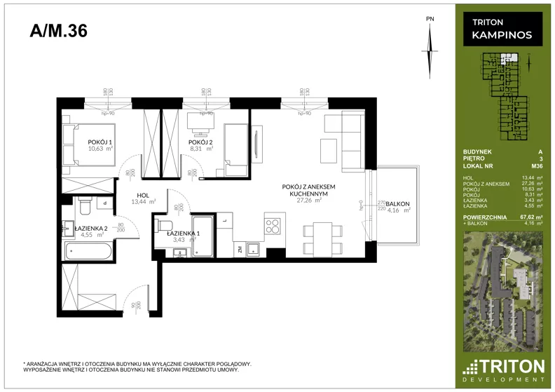 3 pokoje, mieszkanie 67,62 m², piętro 3, oferta nr A_M36, Triton Kampinos III, Łomna-Las, ul. Wiśniowa 5
