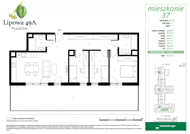 4 pokoje, mieszkanie 74,79 m², piętro 4, oferta nr 37, Lipowa 49A, Pruszków, Ostoja, ul. Lipowa 49A
