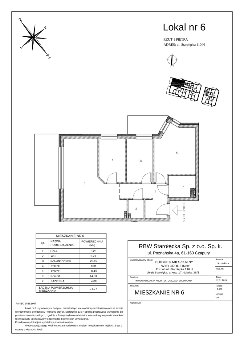 4 pokoje, mieszkanie 71,77 m², piętro 1, oferta nr 3-3/6., River House, Poznań, Starołęka-Minikowo-Marlewo, ul. Starołęcka 110