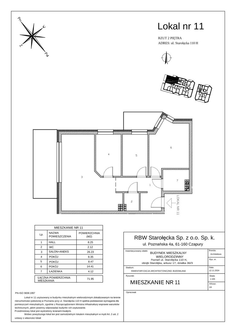 4 pokoje, mieszkanie 71,95 m², piętro 2, oferta nr 3-3/11., River House, Poznań, Starołęka-Minikowo-Marlewo, ul. Starołęcka 110