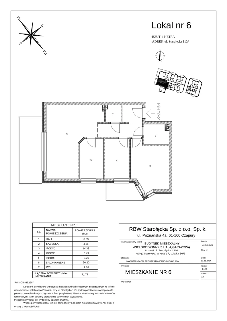 4 pokoje, mieszkanie 71,77 m², piętro 1, oferta nr 4-4/6., River House, Poznań, Starołęka-Minikowo-Marlewo, ul. Starołęcka 110
