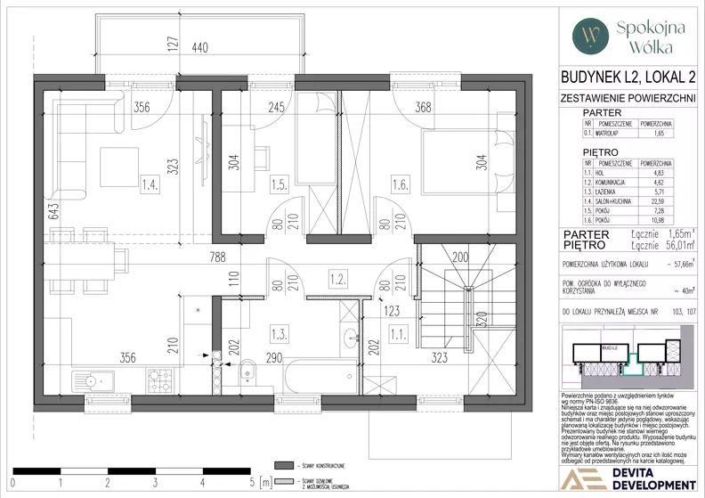 3 pokoje, mieszkanie 57,66 m², piętro 1, oferta nr L2.2, Spokojna Wólka etap 6 i 7, Wólka Kosowska, ul. Nadrzeczna