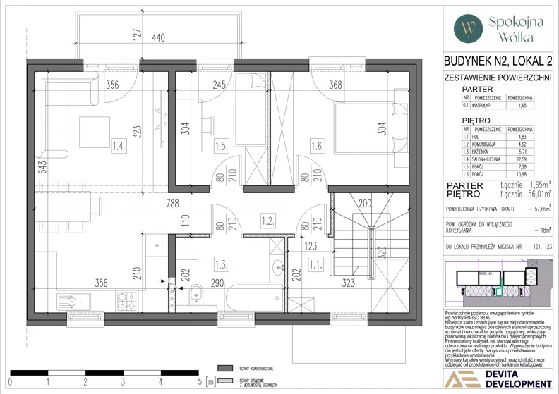 3 pokoje, mieszkanie 57,66 m², piętro 1, oferta nr N2.2, Spokojna Wólka etap 6 i 7, Wólka Kosowska, ul. Nadrzeczna