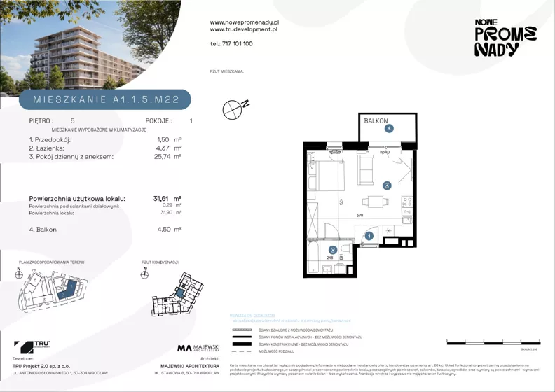 1 pokój, apartament 31,61 m², piętro 5, oferta nr A1.1.5.M22, Nowe Promenady, Wrocław, Kleczków, Psie Pole, ul. Czesława Miłosza