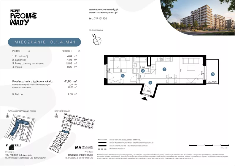 2 pokoje, mieszkanie 41,85 m², piętro 4, oferta nr C.1.4.M41, Nowe Promenady 2, Wrocław, Kleczków, Psie Pole, ul. Czesława Miłosza/Jana Czochralskiego