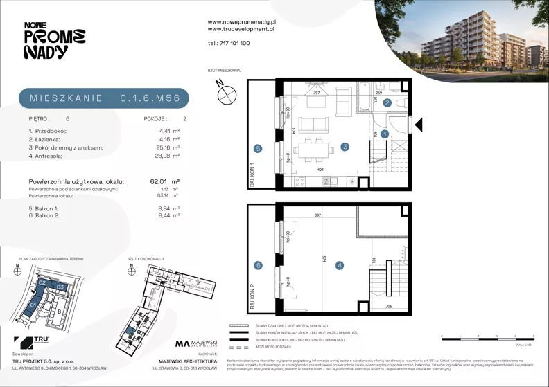 2 pokoje, mieszkanie 62,01 m², piętro 6, oferta nr C.1.6.M56, Nowe Promenady 2, Wrocław, Kleczków, Psie Pole, ul. Czesława Miłosza/Jana Czochralskiego