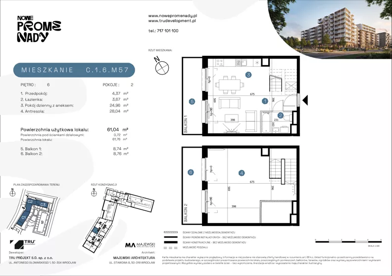 2 pokoje, mieszkanie 61,04 m², piętro 6, oferta nr C.1.6.M57, Nowe Promenady 2, Wrocław, Kleczków, Psie Pole, ul. Czesława Miłosza/Jana Czochralskiego