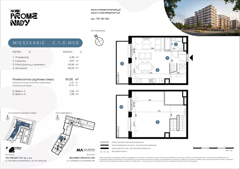 2 pokoje, mieszkanie 61,06 m², piętro 6, oferta nr C.1.6.M58, Nowe Promenady 2, Wrocław, Kleczków, Psie Pole, ul. Czesława Miłosza/Jana Czochralskiego