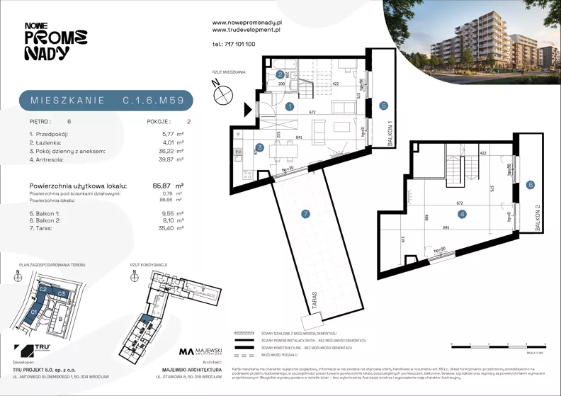 2 pokoje, mieszkanie 85,87 m², piętro 6, oferta nr C.1.6.M59, Nowe Promenady 2, Wrocław, Kleczków, Psie Pole, ul. Czesława Miłosza/Jana Czochralskiego