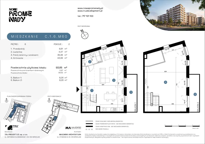 2 pokoje, mieszkanie 93,65 m², piętro 6, oferta nr C.1.6.M60, Nowe Promenady 2, Wrocław, Kleczków, Psie Pole, ul. Czesława Miłosza/Jana Czochralskiego