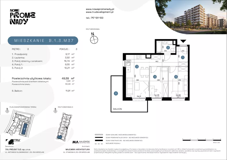 3 pokoje, mieszkanie 49,59 m², piętro 3, oferta nr B.1.3.M37, Nowe Promenady 2, Wrocław, Kleczków, Psie Pole, ul. Czesława Miłosza/Jana Czochralskiego