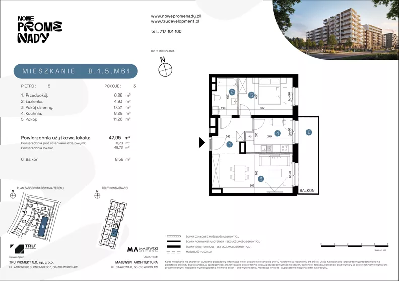 3 pokoje, mieszkanie 47,95 m², piętro 5, oferta nr B.1.5.M61, Nowe Promenady 2, Wrocław, Kleczków, Psie Pole, ul. Czesława Miłosza/Jana Czochralskiego