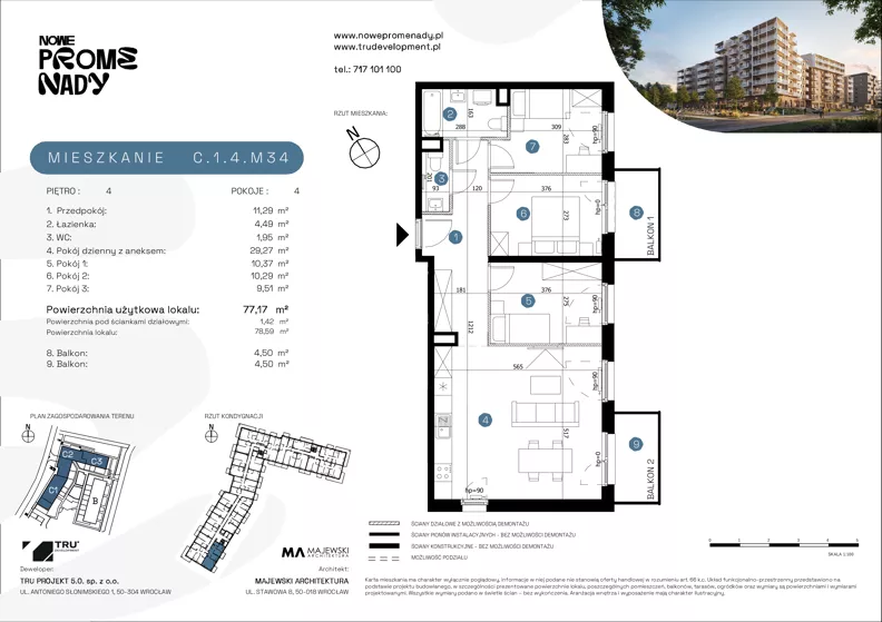 4 pokoje, mieszkanie 77,17 m², piętro 4, oferta nr C.1.4.M34, Nowe Promenady 2, Wrocław, Kleczków, Psie Pole, ul. Czesława Miłosza/Jana Czochralskiego