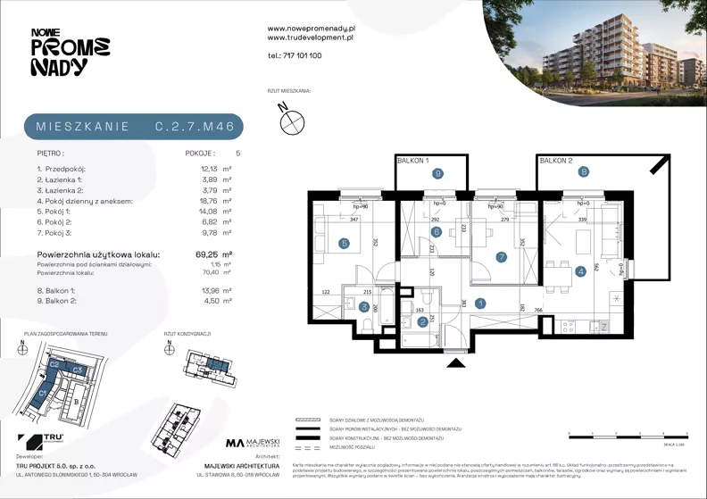 5 pokoi, mieszkanie 69,25 m², piętro 7, oferta nr C.2.7.M46, Nowe Promenady 2, Wrocław, Kleczków, Psie Pole, ul. Czesława Miłosza/Jana Czochralskiego