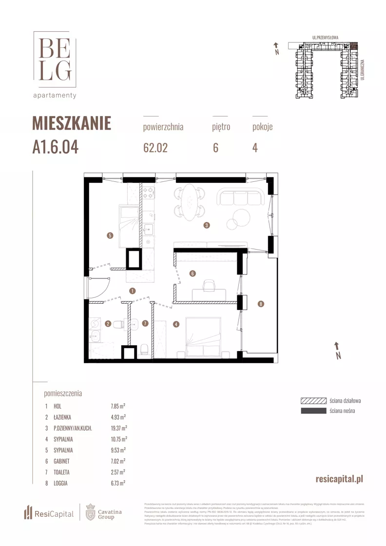4 pokoje, mieszkanie 62,02 m², piętro 6, oferta nr A1.6.04, Belg Apartamenty II, Katowice, Śródmieście, ul. Przemysłowa 3