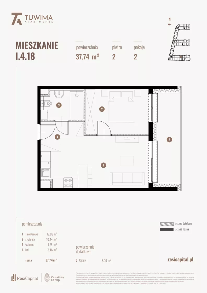 2 pokoje, mieszkanie 37,74 m², piętro 2, oferta nr I.4.18, Apartamenty Tuwima, Łódź, Śródmieście, ul. Juliana Tuwima
