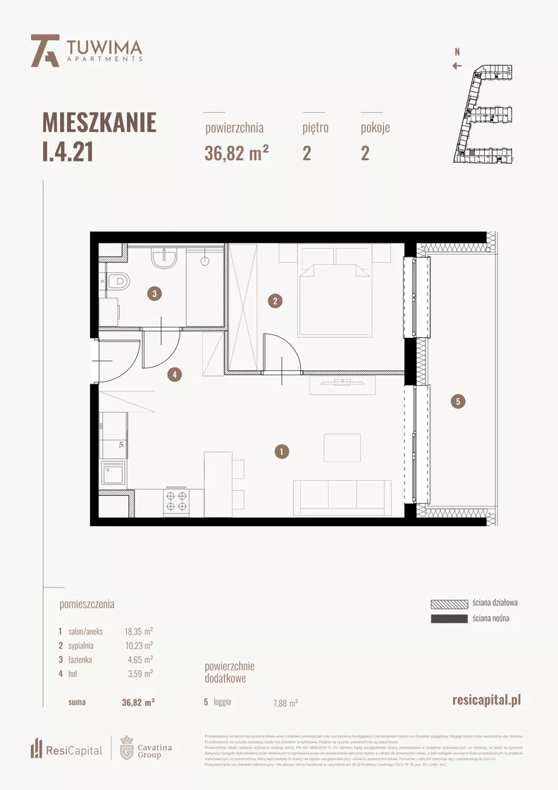 2 pokoje, mieszkanie 36,82 m², piętro 2, oferta nr I.4.21, Apartamenty Tuwima, Łódź, Śródmieście, ul. Juliana Tuwima