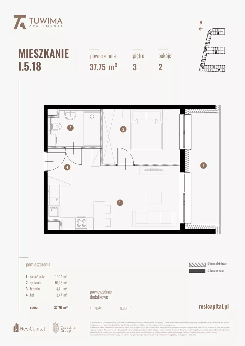 2 pokoje, mieszkanie 37,75 m², piętro 3, oferta nr I.5.18, Apartamenty Tuwima, Łódź, Śródmieście, ul. Juliana Tuwima