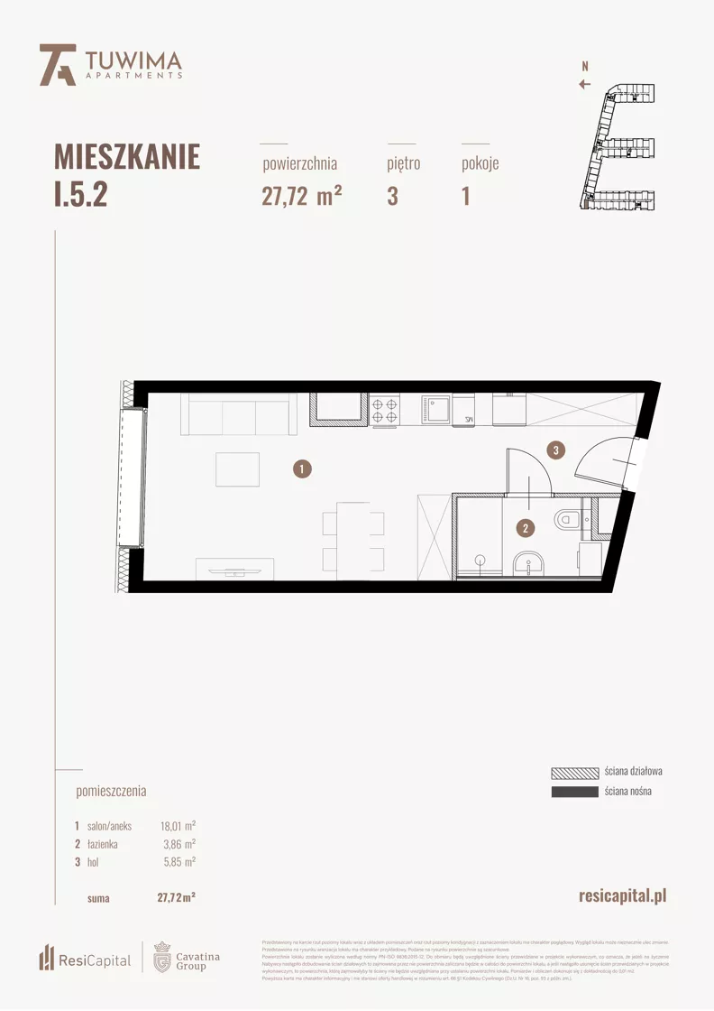 1 pokój, mieszkanie 27,72 m², piętro 3, oferta nr I.5.2, Apartamenty Tuwima, Łódź, Śródmieście, ul. Juliana Tuwima