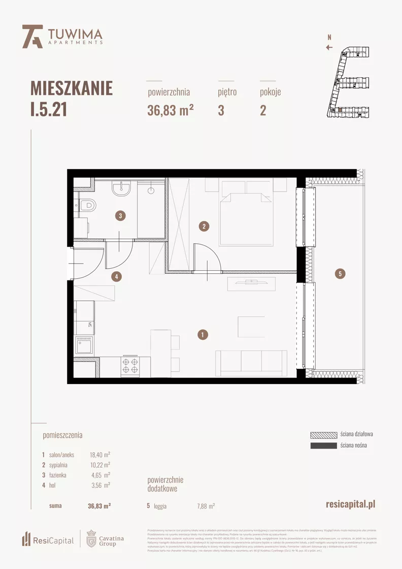 2 pokoje, mieszkanie 36,83 m², piętro 3, oferta nr I.5.21, Apartamenty Tuwima, Łódź, Śródmieście, ul. Juliana Tuwima