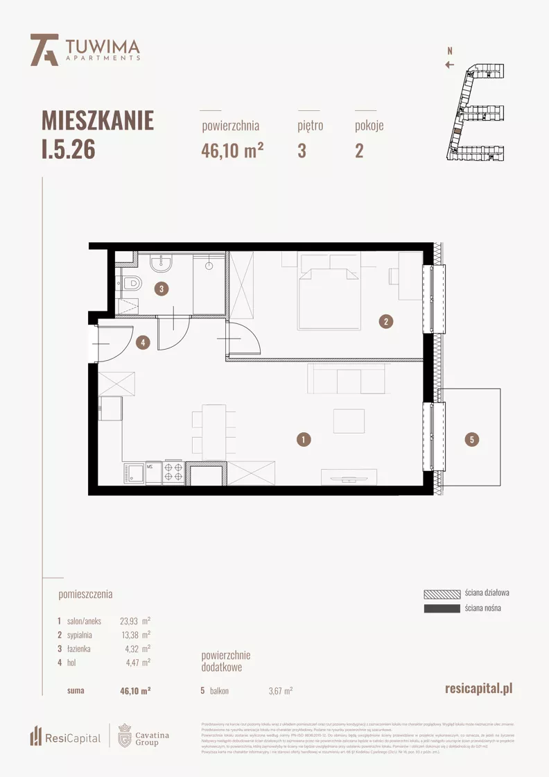 2 pokoje, mieszkanie 46,10 m², piętro 3, oferta nr I.5.26, Apartamenty Tuwima, Łódź, Śródmieście, ul. Juliana Tuwima