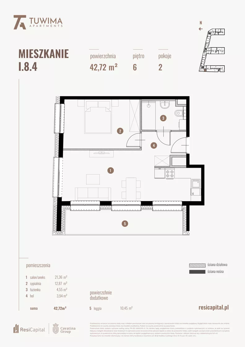 2 pokoje, mieszkanie 42,72 m², piętro 6, oferta nr I.8.4, Apartamenty Tuwima, Łódź, Śródmieście, ul. Juliana Tuwima
