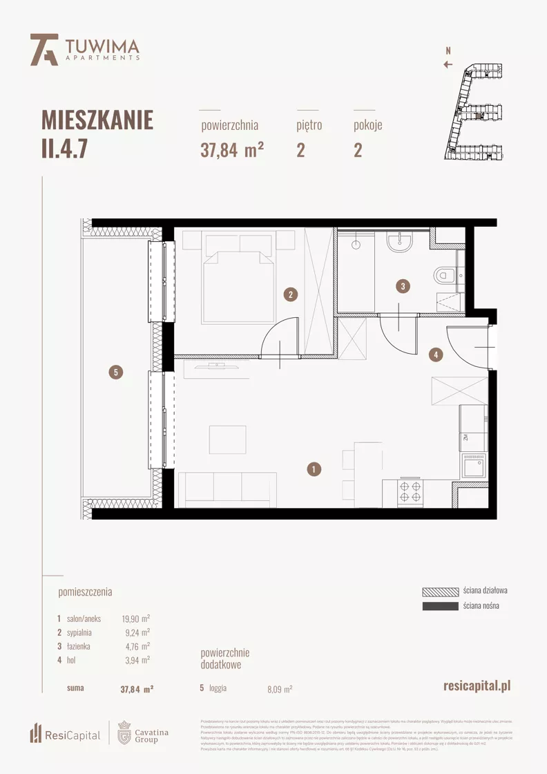 2 pokoje, mieszkanie 37,84 m², piętro 2, oferta nr II.4.7, Apartamenty Tuwima, Łódź, Śródmieście, ul. Juliana Tuwima