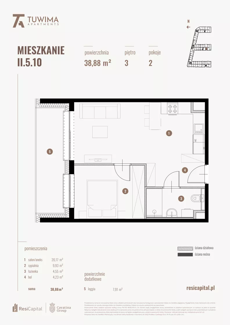 2 pokoje, mieszkanie 38,88 m², piętro 3, oferta nr II.5.10, Apartamenty Tuwima, Łódź, Śródmieście, ul. Juliana Tuwima