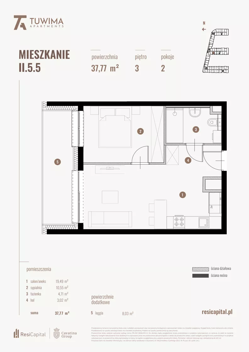 2 pokoje, mieszkanie 37,77 m², piętro 3, oferta nr II.5.5, Apartamenty Tuwima, Łódź, Śródmieście, ul. Juliana Tuwima