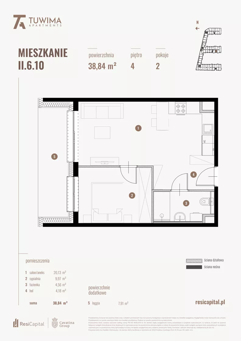2 pokoje, mieszkanie 38,84 m², piętro 4, oferta nr II.6.10, Apartamenty Tuwima, Łódź, Śródmieście, ul. Juliana Tuwima