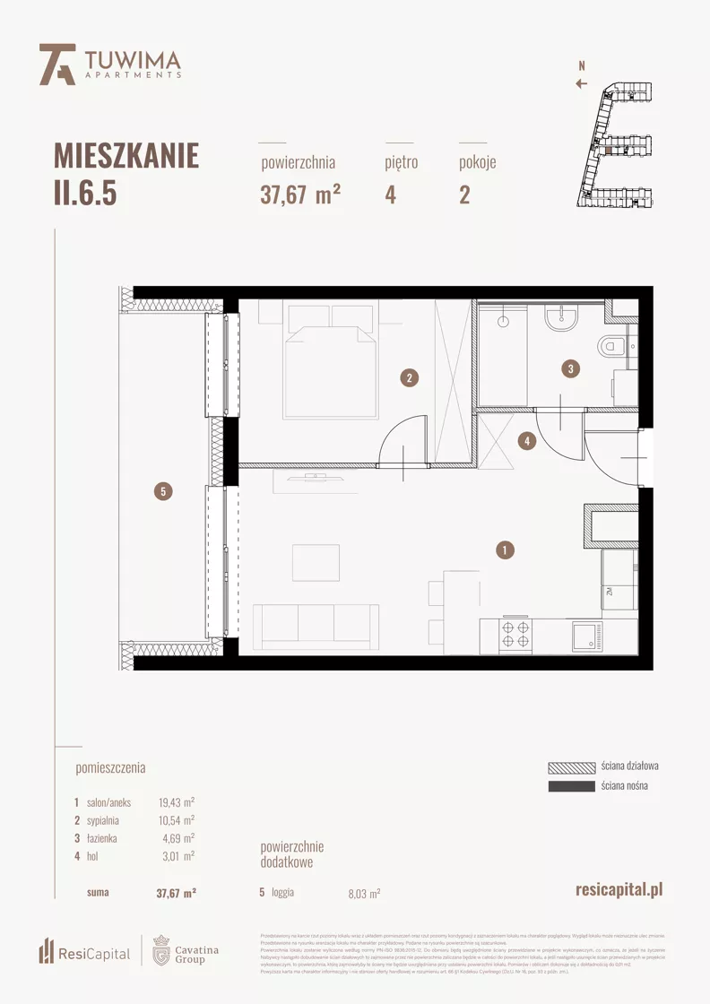 2 pokoje, mieszkanie 37,67 m², piętro 4, oferta nr II.6.5, Apartamenty Tuwima, Łódź, Śródmieście, ul. Juliana Tuwima