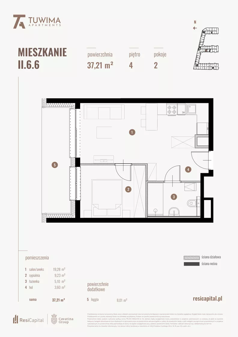 2 pokoje, mieszkanie 37,21 m², piętro 4, oferta nr II.6.6, Apartamenty Tuwima, Łódź, Śródmieście, ul. Juliana Tuwima