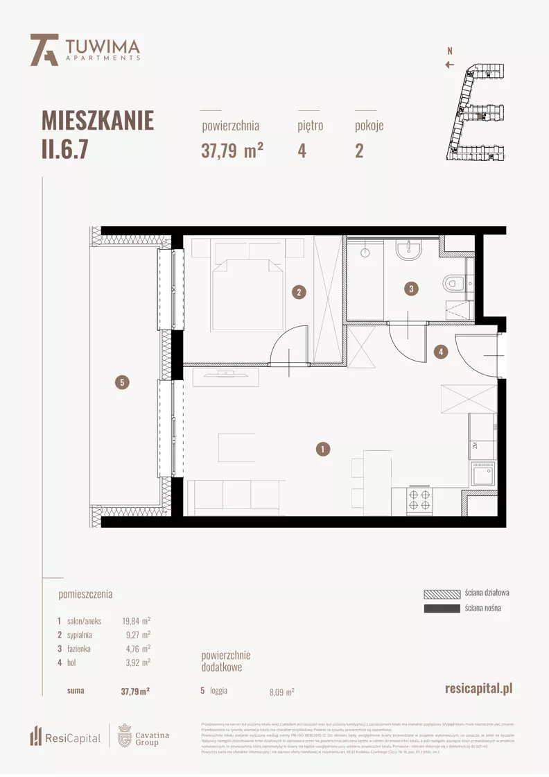 2 pokoje, mieszkanie 37,73 m², piętro 4, oferta nr II.6.7, Apartamenty Tuwima, Łódź, Śródmieście, ul. Juliana Tuwima