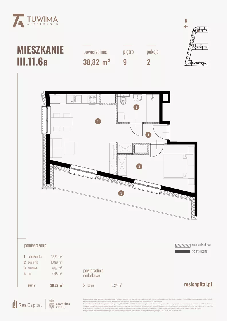 2 pokoje, mieszkanie 38,82 m², piętro 9, oferta nr III.11.6a, Apartamenty Tuwima, Łódź, Śródmieście, ul. Juliana Tuwima
